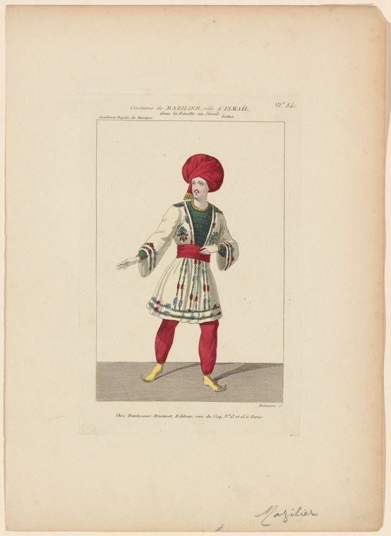 Male dancer in Ottoman costume—red turban, green tunic, red tights, gilt slippers—stands with right arm extended in a gesture of address.