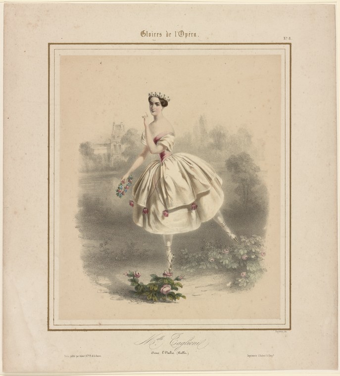 A woman in a white ball gown and tiara stands in a graceful ballet pose, holding flowers, against a misty castle landscape.