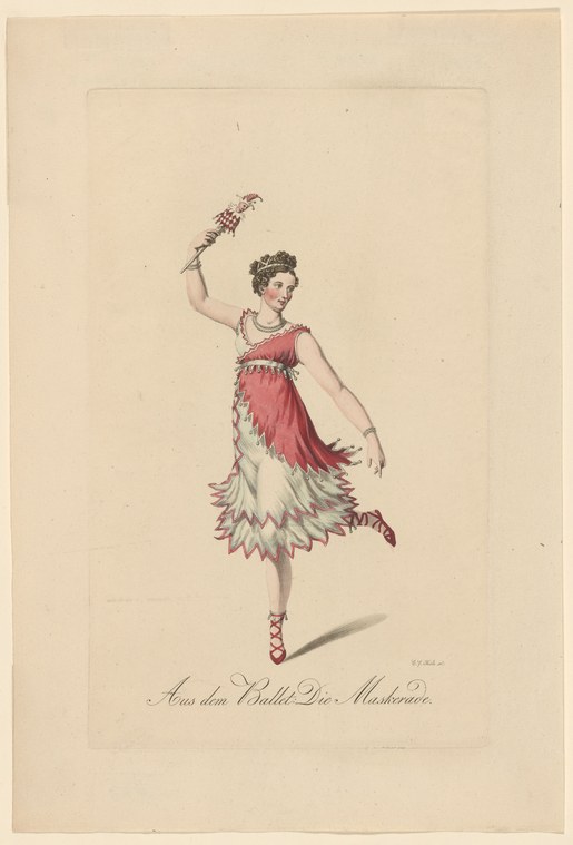 A female dancer in a coral bodice and white feathered skirt holds a wreath aloft, posed in classical ballet stance.