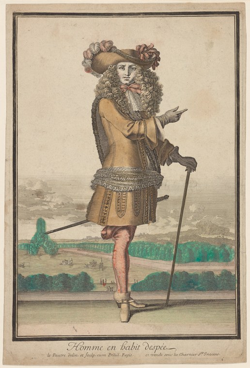 A nobleman in golden coat and periwig stands in a turned-out ballet stance, left arm extended, right hand on a cane.