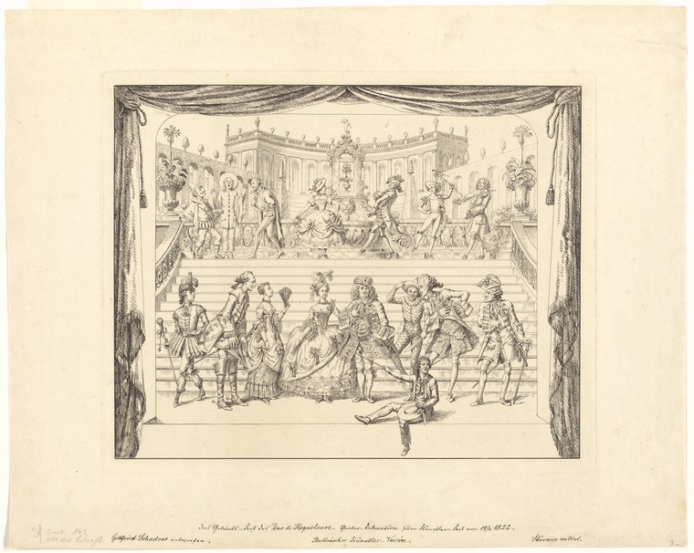 An uncolored etching showing a formal 18th-century court ball with figures in dress clothes dancing and socializing in an ornate palace ballroom.