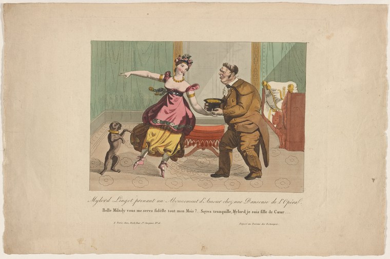 Hand-colored engraving: woman in pink silk gown with extended arm and curved spine faces a portly man in brown coat; small dog between them; interior with