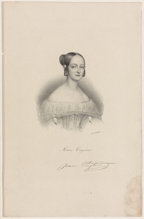 Portrait engraving of a woman with dark hair in 1830s style, wearing an off-shoulder dress with sheer gathered fabric, facing three-quarter right.