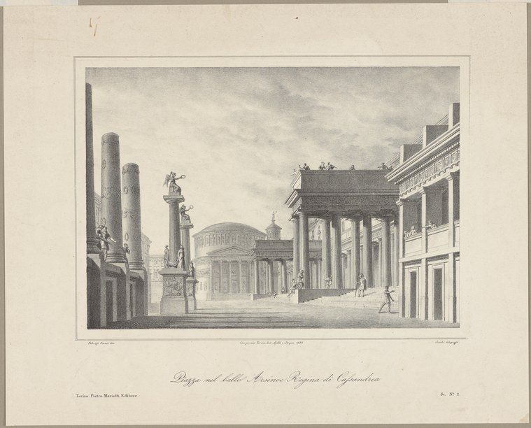 Engraving of dancers in formal postures scattered across a grand neoclassical plaza bounded by columns, a domed building, and a porticoed structure.