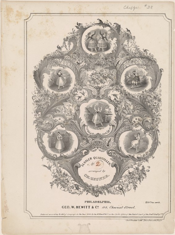 Six ovals within an ornate rococo frame show women in early 19th-century ballroom dress executing quadrille figures.