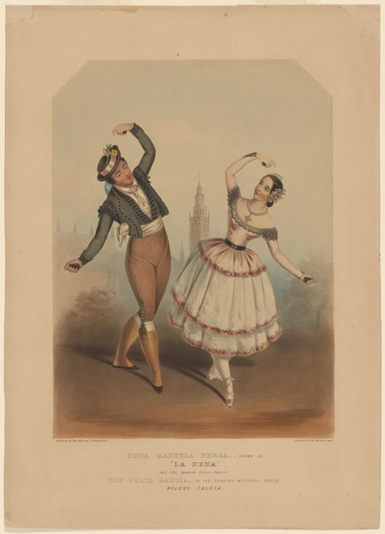 Two Spanish dancers in theatrical dress: a man arched backward with raised arm, a woman upright with asymmetrical arms, on a stage setting.