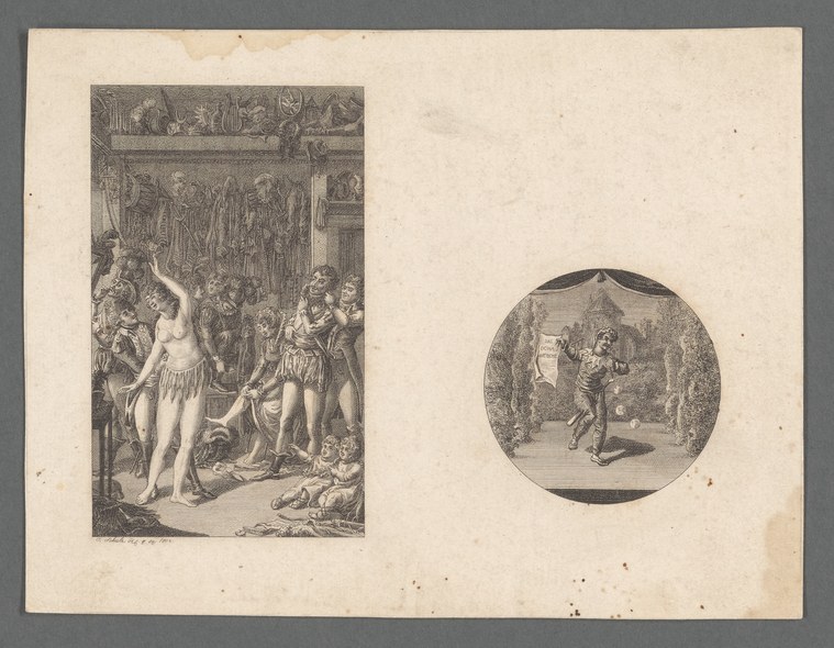 Engraved print with two scenes: left shows a classical female figure surrounded by admirers in an ornate interior; right shows Harlequin in a bent pose in a