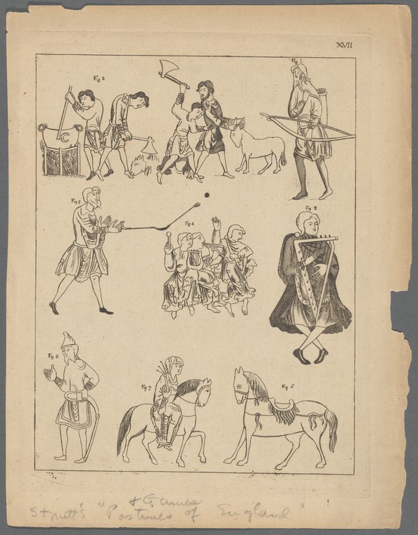 Engraved page of standing figures in tunics, robes, and armor, posed in formal silhouettes without active movement.