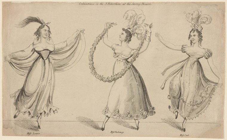 Three women in Regency dress and elaborate feathered headdresses pose with raised and extended arms, displaying flowing skirts.