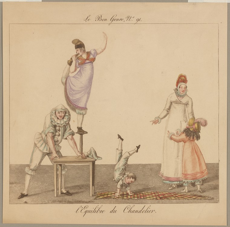 Hand-colored engraving of a male acrobat performing an extreme backbend atop a table, supported by another man, while an elegantly dressed woman and child