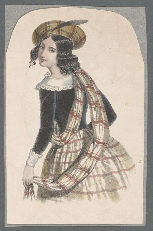 Woman in dark dress with tartan plaid wrap and bonnet, standing in three-quarter pose, hand-colored fashion print.