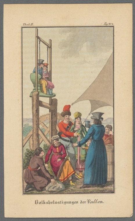 Hand-colored engraving of costumed German figures gathered around a tall wooden scaffold, watching someone climb.
