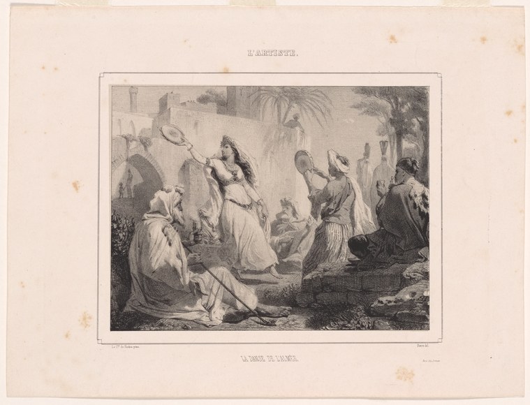 Woman in white drapery dances with raised arms while seven other women watch from around her in an orientalist interior setting.