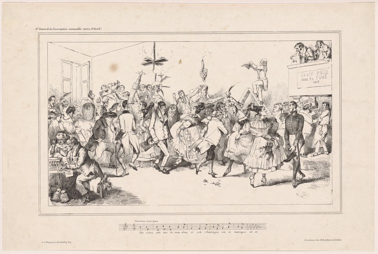 Engraving showing a crowded 18th-century ballroom with formally dressed dancers in various group formations and musical notation below.