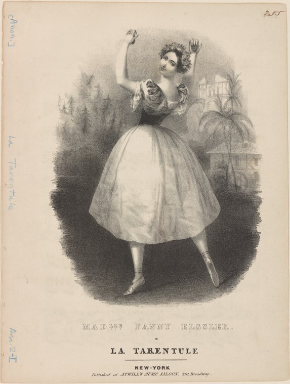 A woman in a white tulle skirt and dark corset leaps through the air with one arm raised, set against a hazy theatrical background.