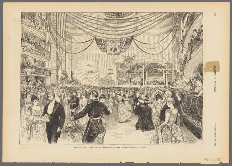 An engraving of a crowded ballroom beneath a decorated ceiling, with formally dressed men and women in Gilded Age evening wear.