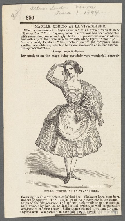 Engraved portrait of a woman in 1840s theatrical costume with raised arm, identified as Mademoiselle Cerito in the role of la Vivandière.