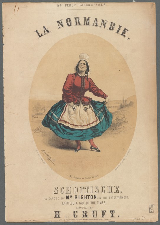 Woman in red jacket and turquoise skirt performs the schottische in theatrical peasant costume, standing alone in presentation pose.