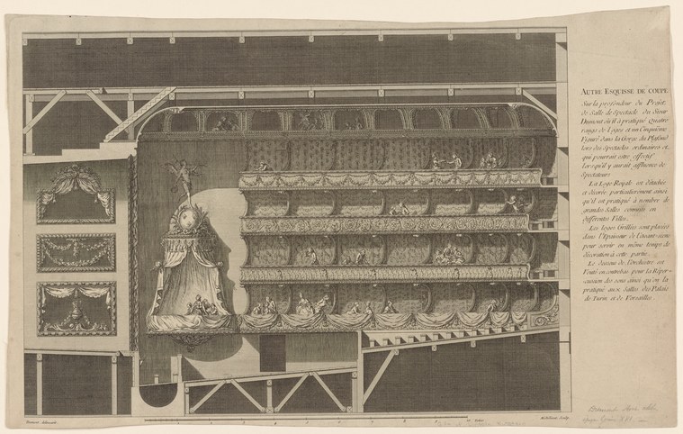 Cross-section drawing of a tiered theatre interior with a single female dancer in classical costume bending forward gracefully on the stage.