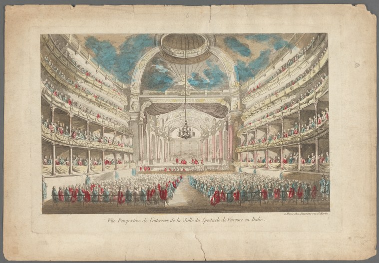Hand-colored engraving of the interior of an 18th-century Italian theater, showing massed figures in red and white costumes on stage and spectators in tiered