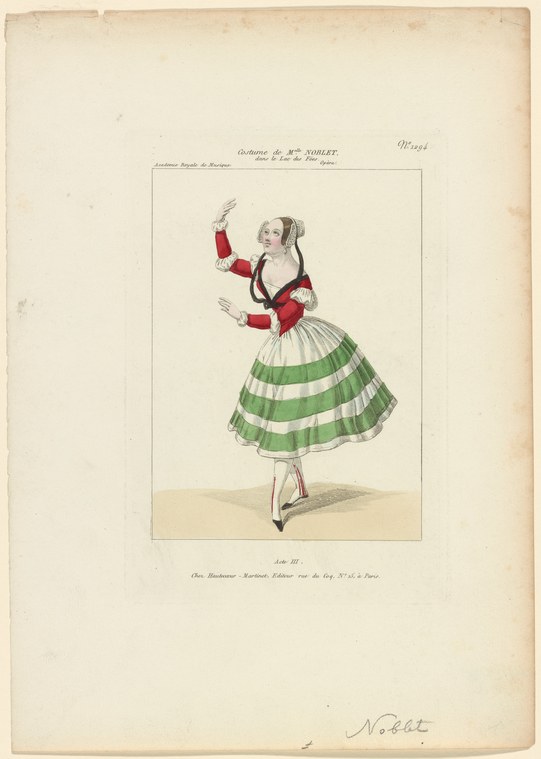 A young woman in red bodice and white skirt with green stripes, posed in a lifted ballet stance with raised arms, in a hand-colored theatrical print.