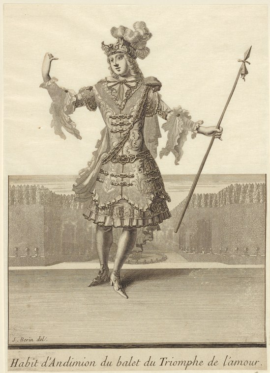 A figure in elaborate 17th-century court dress stands in formal pose, holding a tall pike, wearing a plumed headdress and ornamental coat.
