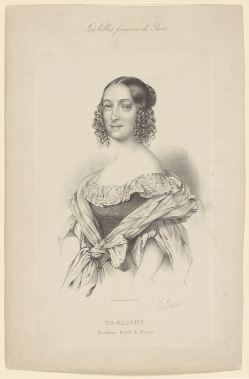 Portrait print of a young woman in Romantic-era dress, ringlets, off-shoulder bodice, and white wrap, standing in three-quarter pose.