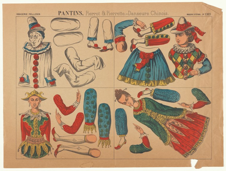 Hand-colored engraving showing disassembled and assembled paper toy figures of Pierrot and Pierrette in turquoise and red robes, with jointed limbs and masks.