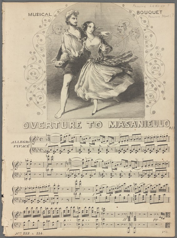 An engraved illustration shows a man and woman in Romantic-era dress mid-dance, with the woman's skirt swirling as she turns. Below is printed orchestral score.