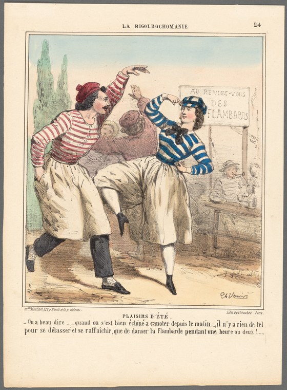 Two young women in striped shirts and light skirts dance energetically outdoors, arms raised and torsos twisted, in a scene from an 19th-century satirical