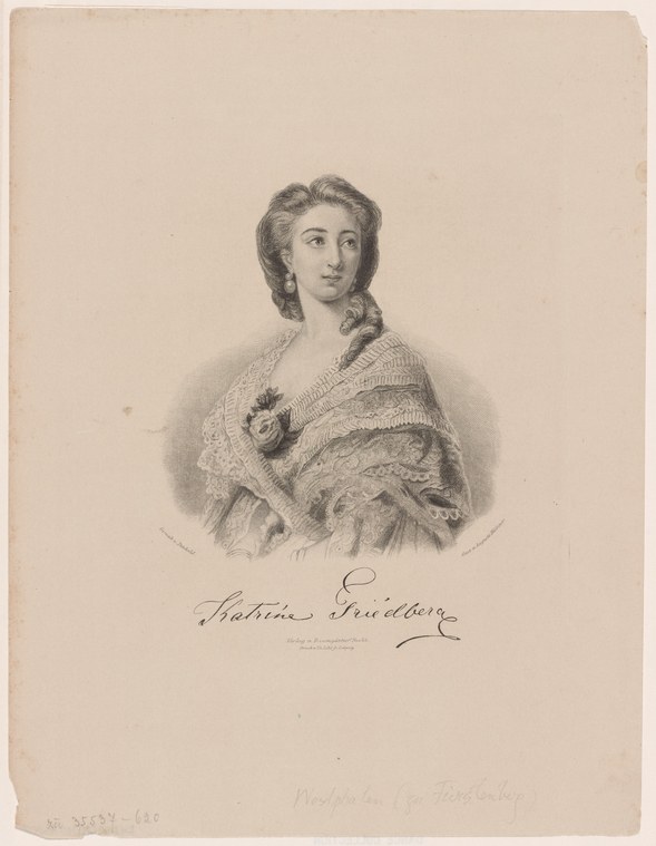 Engraved portrait of a woman in 19th-century dress with long hair and shawl, identified as Katrine Friedberg.