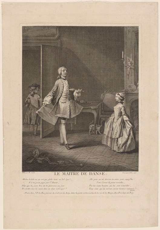 An eighteenth-century engraving showing a dancing master demonstrating arm position to a young woman in a white gown in a formal interior.