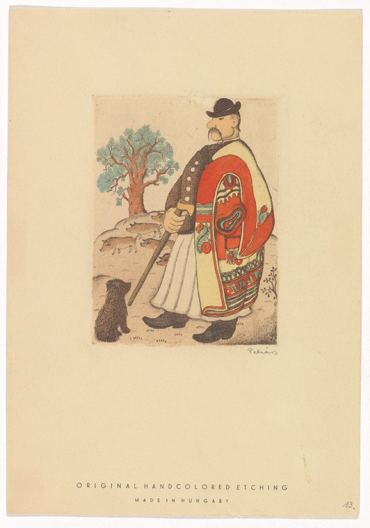 Hand-colored etching of a solitary figure in Hungarian folk dress standing before a twisted tree, holding a staff.