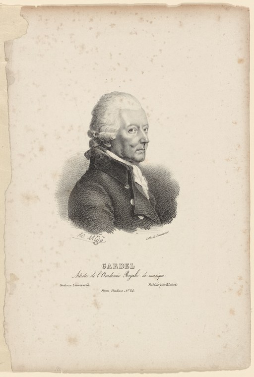 Formal engraved portrait of a man in profile, identified as Gardel of the Académie Royale de Musique.