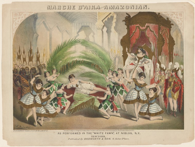 Hand-colored engraving of a theatrical ballet scene with corps dancers in classical tutus circling a large palm frond, spectators in a colonnade, and a regal