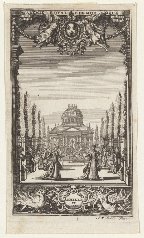 Late 17th-century engraving of formally dressed dancers in a long colonnade moving toward a domed chapel, titled Achille et Polixene