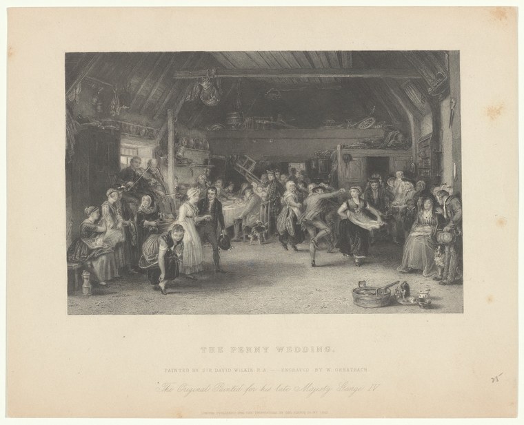 Crowded interior barn scene with over thirty people in 19th-century dress dancing and socializing during a Scottish penny wedding celebration.