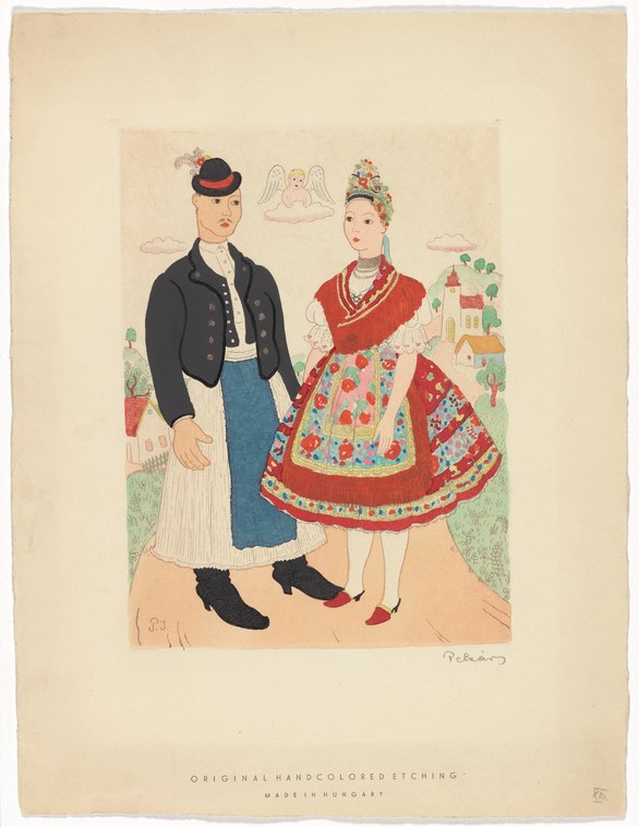 Two figures in traditional Hungarian folk dress: a man in a black jacket and blue skirt, a woman in a red shawl and embroidered apron-skirt, standing in a