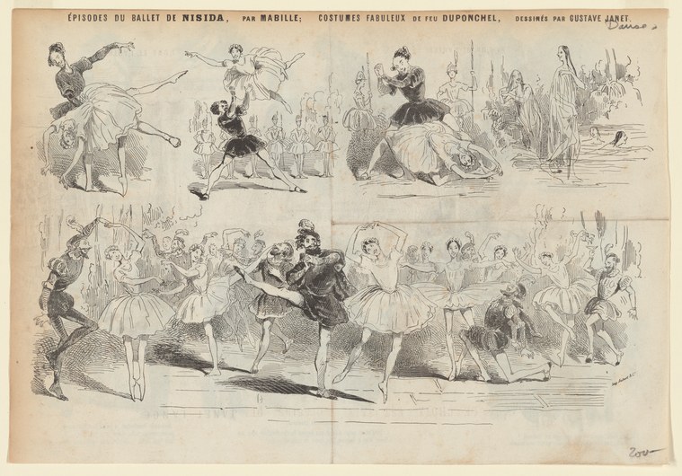 Two-register theatrical print showing episodes from a ballet: four vignettes above of soloists and a duet; lower scene of a large corps de ballet ensemble in