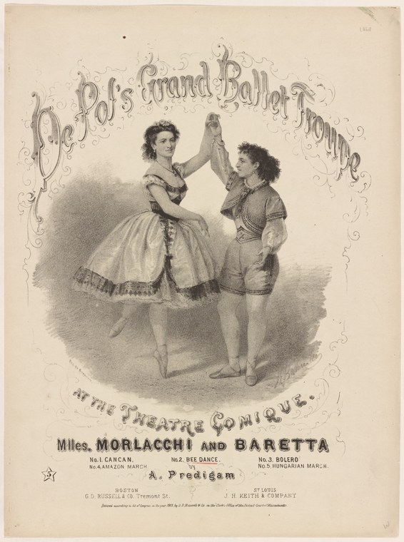 Two nineteenth-century dancers in formal pose with raised joined hands: woman in ball gown, man in fitted tunic, framed by decorative scrollwork.
