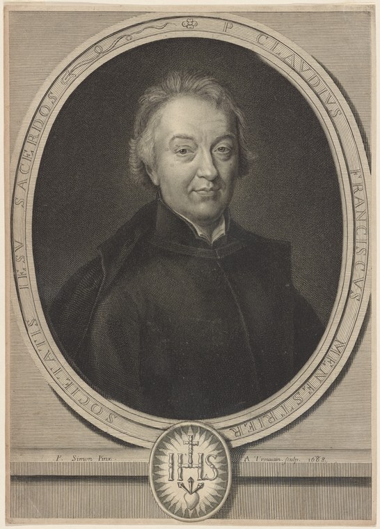Formal engraved portrait of a gray-haired Jesuit priest in dark cassock, oval frame with Latin inscription, IHS emblem below.