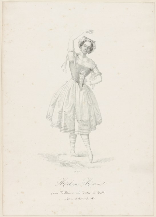 A female ballet dancer in a short white tutu stands in formal pose with raised arm and pointed feet, drawn in fine pencil.