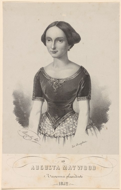 Half-length engraved portrait of a woman in 1850s theatrical dress with ornate fringed skirt overlay, facing the viewer directly.