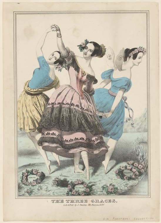 Three young women in Regency dress and flower crowns dance together with raised arms and swirling skirts, surrounded by garlands on the ground.