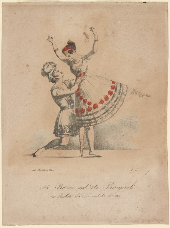 Man in dark coat supports woman in tiered red-trimmed skirt arched backward with arms raised overhead, early 19th-century engraving with hand-coloring.