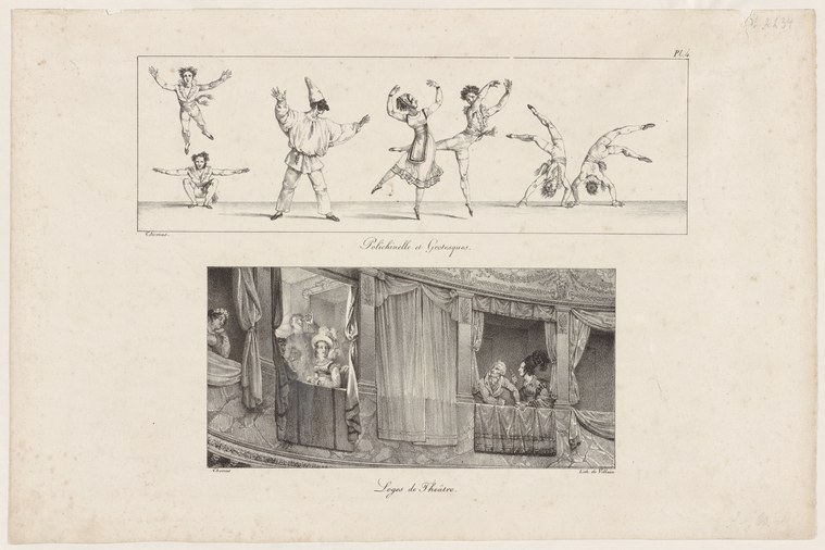 Engraving showing five acrobatic figures in contorted poses (top) and a theatrical interior scene with costumed performers in a Commedia dell'arte production