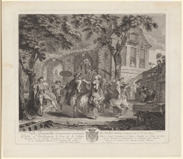 Engraving of couples dancing and socialising in a tree-shaded garden beside a classical building, dressed in 18th-century formal attire.