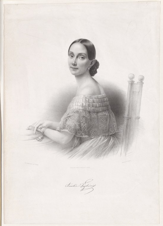 Lithographic portrait of a young woman in an off-shoulder Romantic-era dress, seated and facing left, inscribed with the name Amalie Taglioni.