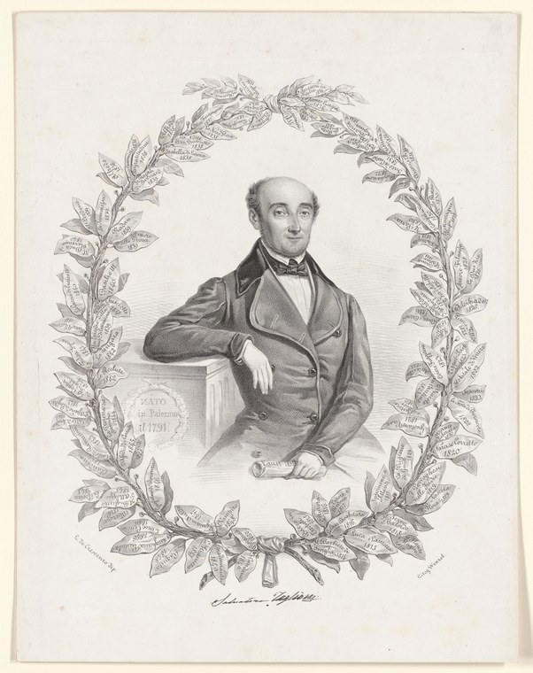 Engraving of a balding man in Regency dress, leaning on a pedestal, framed by a laurel wreath. Facsimile signature reads Salvatore Taglioni.