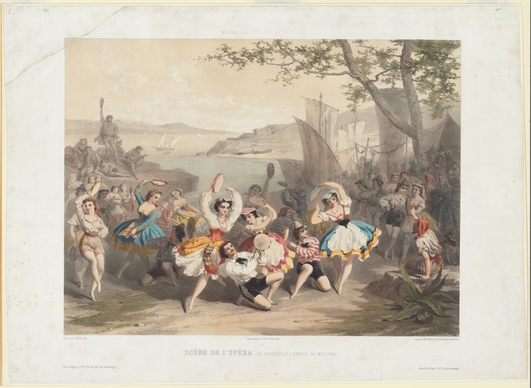 Hand-colored engraving of dancers in lavish dress performing a rapid whirling dance by the sea, watched by onlookers, sailing ships in background.